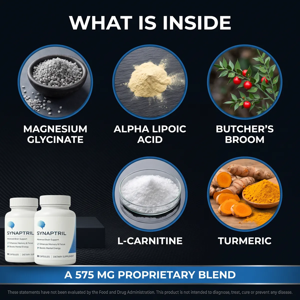 Synaptril key ingredients: magnesium glycinate, alpha lipoic acid, butcher's broom, L-carnitine and turmeric