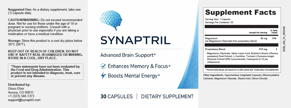 Synaptril Supplement Facts label panel